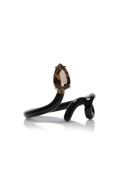 Bea Bongiasca 9k Yellow Gold And Silver Black Enamel Quartz Ring