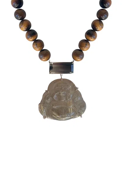 Jia Jia Happy Buddha 14k Yellow Gold Smoky Quartz Tigers Eye Necklace