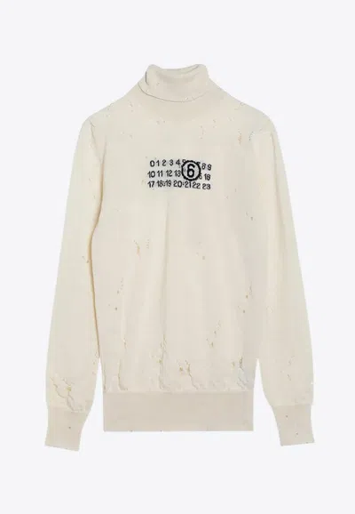 Mm6 Maison Margiela Mm6 By Maison Margiela High-neck Cream Wool Pullover With Numeric Logo In White