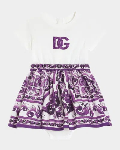 Dolce & Gabbana Girl's Majolica-print Short-sleeve Dress In White