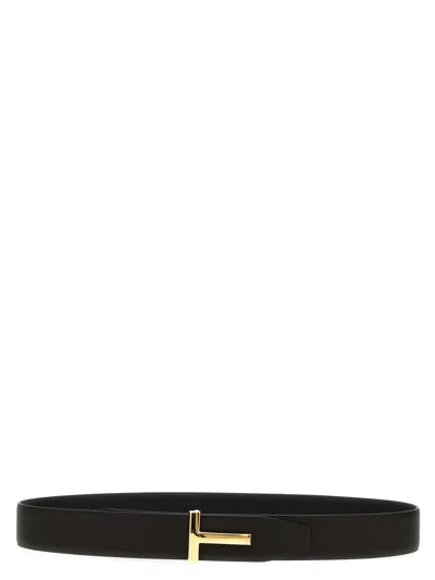 Tom Ford Black Calfskin Leather Belt With Gold T Buckle In Black