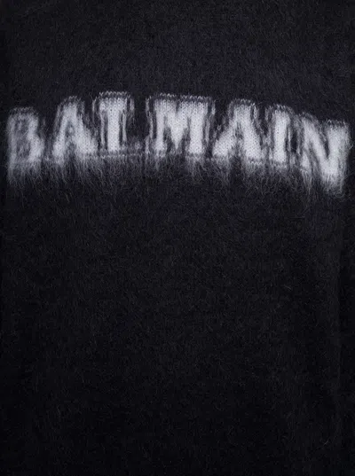 Balmain Black Crewneck Sweater With Maxi Logo Lettering On The Front And Brushed Effect In Wool Blen