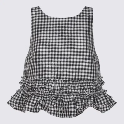 Ganni Crinkled Check Frill Top In Black
