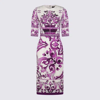 Dolce & Gabbana Violet Crewneck Dress With Rear Zip Closure And All-over Floral Print In Silk Stretch Woman