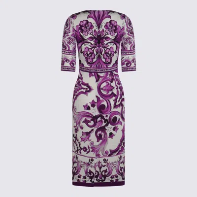 Dolce & Gabbana Violet Crewneck Dress With Rear Zip Closure And All-over Floral Print In Silk Stretch Woman