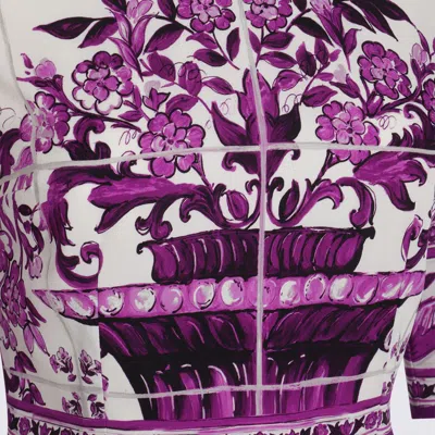 Dolce & Gabbana Violet Crewneck Dress With Rear Zip Closure And All-over Floral Print In Silk Stretch Woman