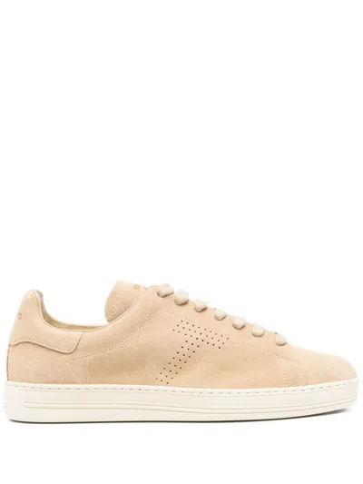 Tom Ford Perforated Suede Lace-up Sneaker With Round Toe In Neutral