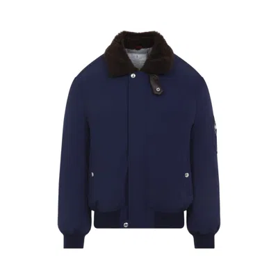 Brunello Cucinelli Tailored Feather Down Jacket With Sheepskin Collar In Blue