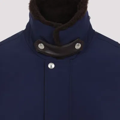 Brunello Cucinelli Tailored Feather Down Jacket With Sheepskin Collar In Blue