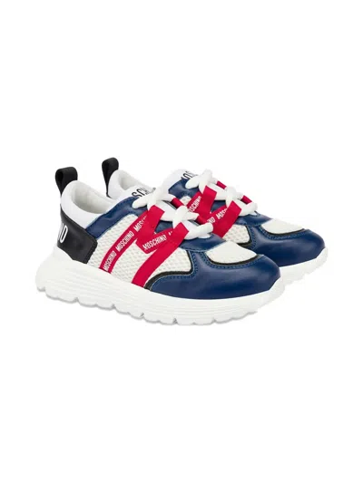Moschino Mesh And Calfskin Sneakers With Logo In Blue