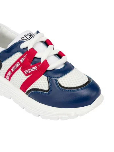 Moschino Mesh And Calfskin Sneakers With Logo In Blue