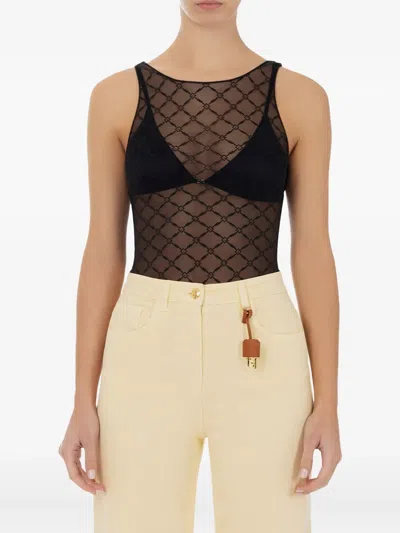 Elisabetta Franchi Sheer Patterned Tulle Bodysuit In Black