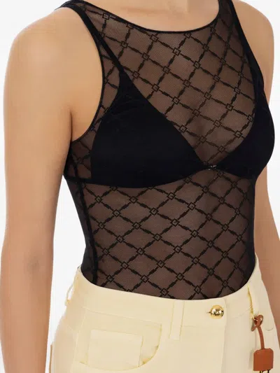 Elisabetta Franchi Sheer Patterned Tulle Bodysuit In Black