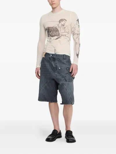 Jw Anderson Sheer Crew Neck Illustrated Long Sleeve T-shirt In White