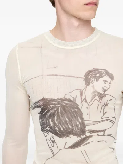 Jw Anderson Sheer Crew Neck Illustrated Long Sleeve T-shirt In White