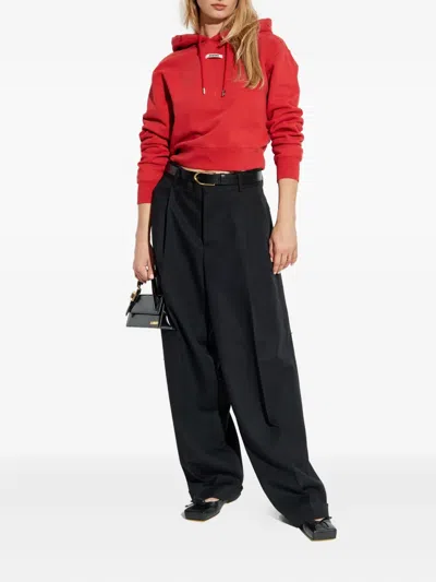 Jacquemus Cropped Hooded Drawstring Top In Red