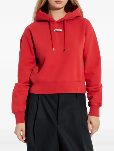 Jacquemus Cropped Hooded Drawstring Top In Red
