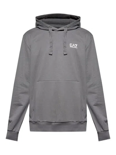Ea7 Emporio Armani Logo Printed Drawstring Hoodie In Gray