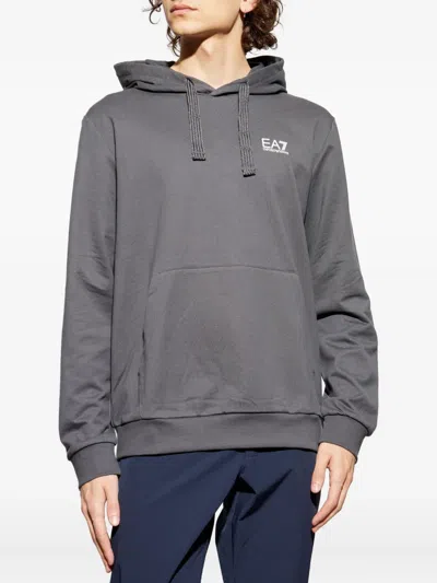 Ea7 Emporio Armani Logo Printed Drawstring Hoodie In Gray