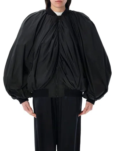 Balenciaga Black Bomber Draped Jacket With Elastic Rear Hem In Tech Fabric Woman In Black