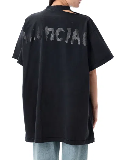 Balenciaga Distressed Black Oversized T-shirt With Ribbed Crew Neck In Black