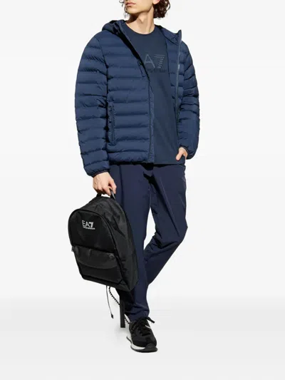Ea7 Long-sleeved Hooded Cotton Coat In Blue