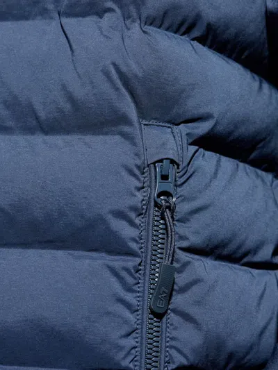 Ea7 Long-sleeved Hooded Cotton Coat In Blue