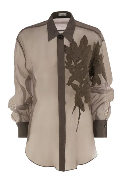 Brunello Cucinelli Brown Shirt With Semi-transparent Design And Embroidery On The Front In Silk Woman In Brown