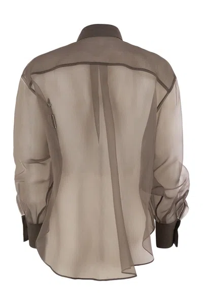 Brunello Cucinelli Brown Shirt With Semi-transparent Design And Embroidery On The Front In Silk Woman In Brown