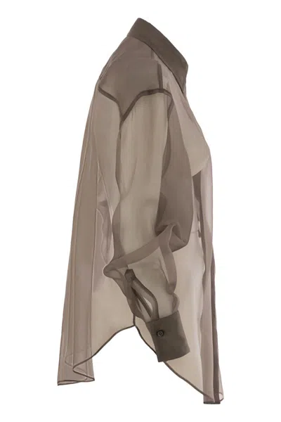 Brunello Cucinelli Brown Shirt With Semi-transparent Design And Embroidery On The Front In Silk Woman In Brown