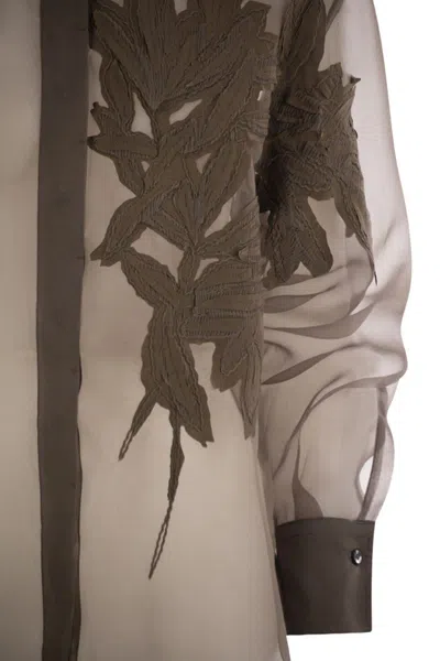 Brunello Cucinelli Brown Shirt With Semi-transparent Design And Embroidery On The Front In Silk Woman In Brown
