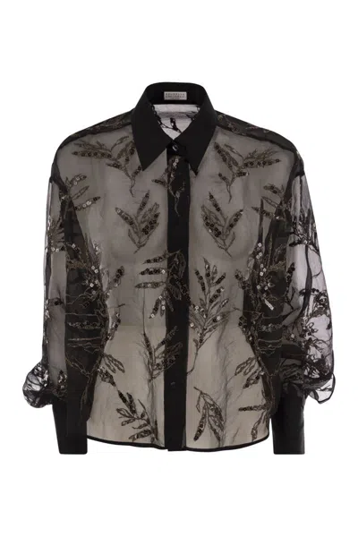 Brunello Cucinelli Women Crispy Silk Shirt With Glistening Flora Embroidery