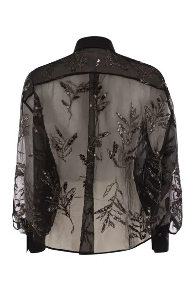 Brunello Cucinelli Women Crispy Silk Shirt With Glistening Flora Embroidery