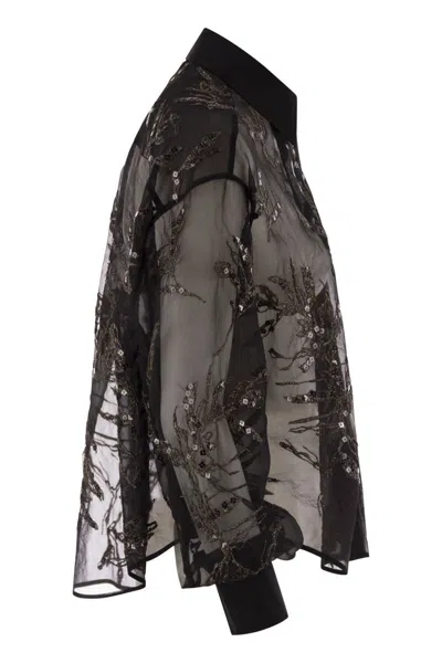 Brunello Cucinelli Women Crispy Silk Shirt With Glistening Flora Embroidery