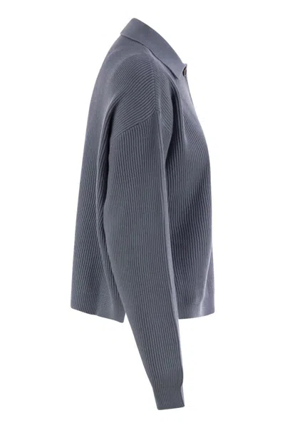 Brunello Cucinelli English Rib Cotton Polo-style Jersey With Jewellery In Gray