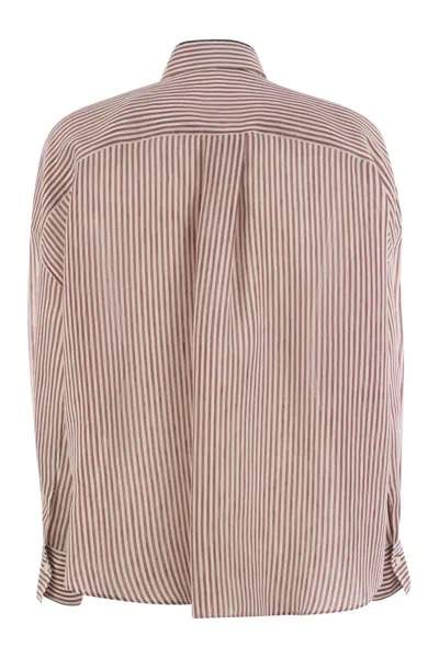 Brunello Cucinelli Women Linen And Silk Striped Organza Shirt With Shiny Collar Detail In Multi