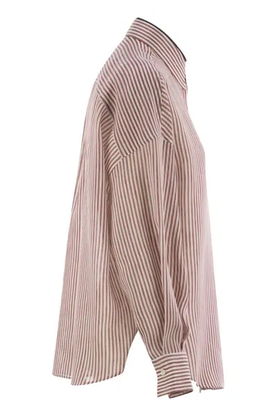 Brunello Cucinelli Women Linen And Silk Striped Organza Shirt With Shiny Collar Detail In Multi