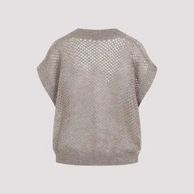 Brunello Cucinelli Openwork Knit Design Vest With Sequins In Neutral