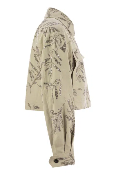Brunello Cucinelli Outerwear In Cotton And Linen Canvas With Glistening Flora Embroidery