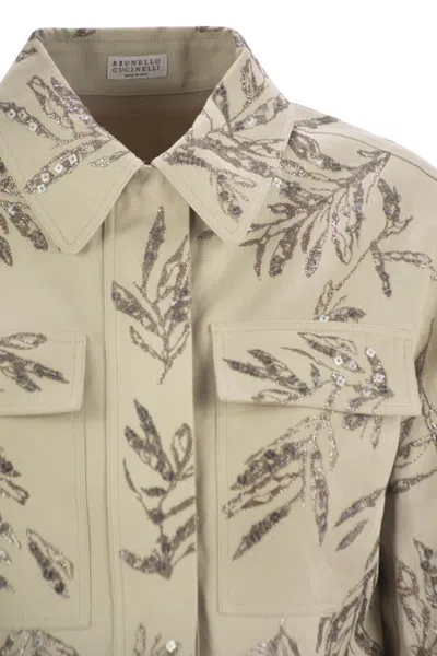 Brunello Cucinelli Outerwear In Cotton And Linen Canvas With Glistening Flora Embroidery