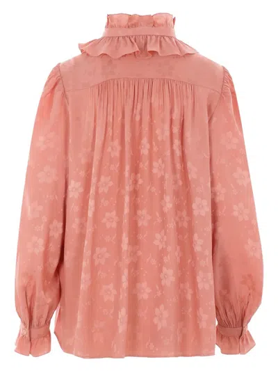 Chloé Floral Jacquard Tie-neck Ruffle Blouse In Pink