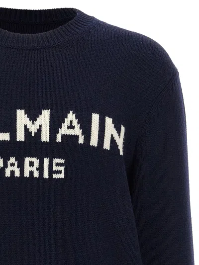 Balmain Navy Merino Intarsia Logo Sweater In Black