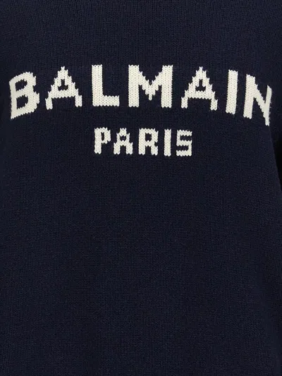 Balmain Navy Merino Intarsia Logo Sweater In Black