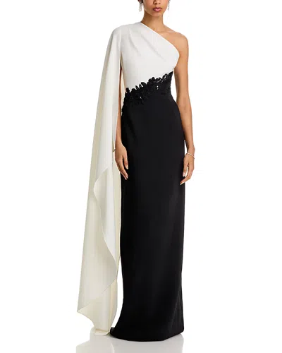Teri Jon By Rickie Freeman Crepe One Shoulder Drape Sleeve 3d Trim Gown