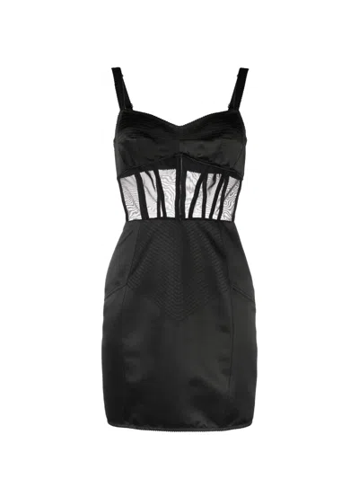Dolce & Gabbana Boned Bodice Panelled Mini Satin Dress In Black