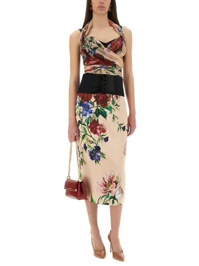 Dolce & Gabbana Printed Stretch Satin Skirt In Neutral