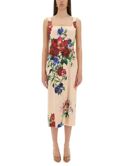 Dolce & Gabbana Satin Calf-length Sheath Dress With Floral Print In Pink