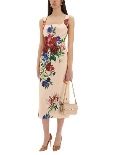 Dolce & Gabbana Satin Calf-length Sheath Dress With Floral Print In Pink