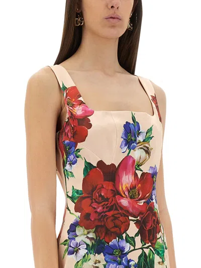 Dolce & Gabbana Satin Calf-length Sheath Dress With Floral Print In Pink
