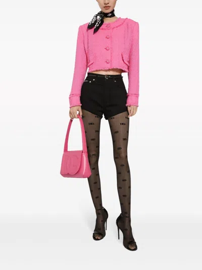 Dolce & Gabbana Rachel Collarless Crop Tweed Jacket In Pink